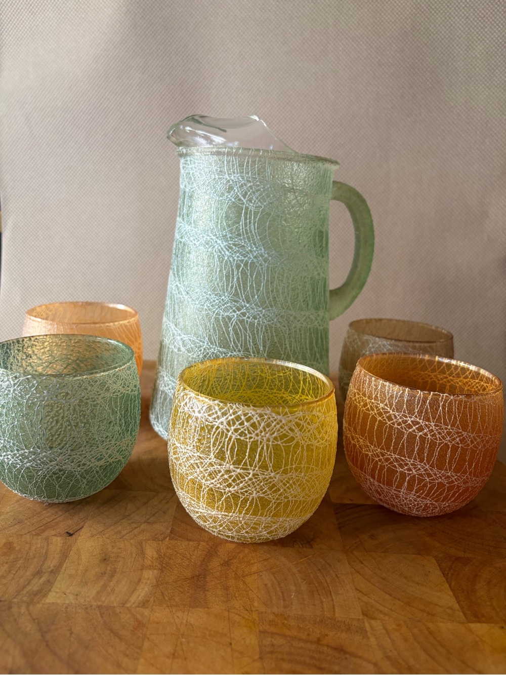 Vintage Sony Crackled Glass Pitcher and 5 Tumblers - Pastel Green, Yellow, Peach